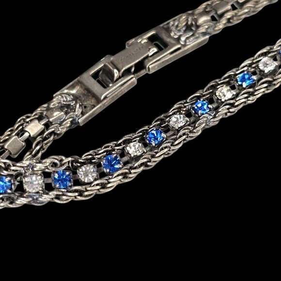 Vintage Silver Tone Tennis Chain Bracelet Blue Clear Rhinestones 7" Signed - Picture 10 of 10